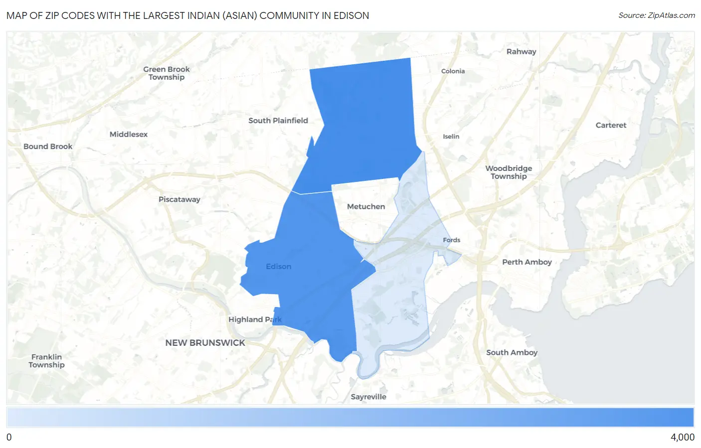 Zip Codes with the Largest Indian (Asian) Community in Edison Map