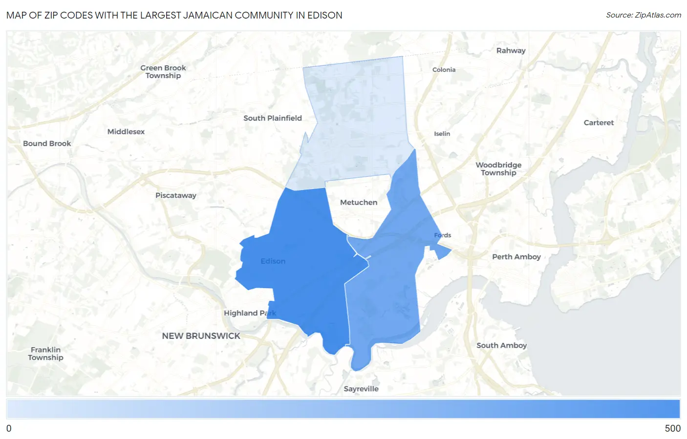 Zip Codes with the Largest Jamaican Community in Edison Map