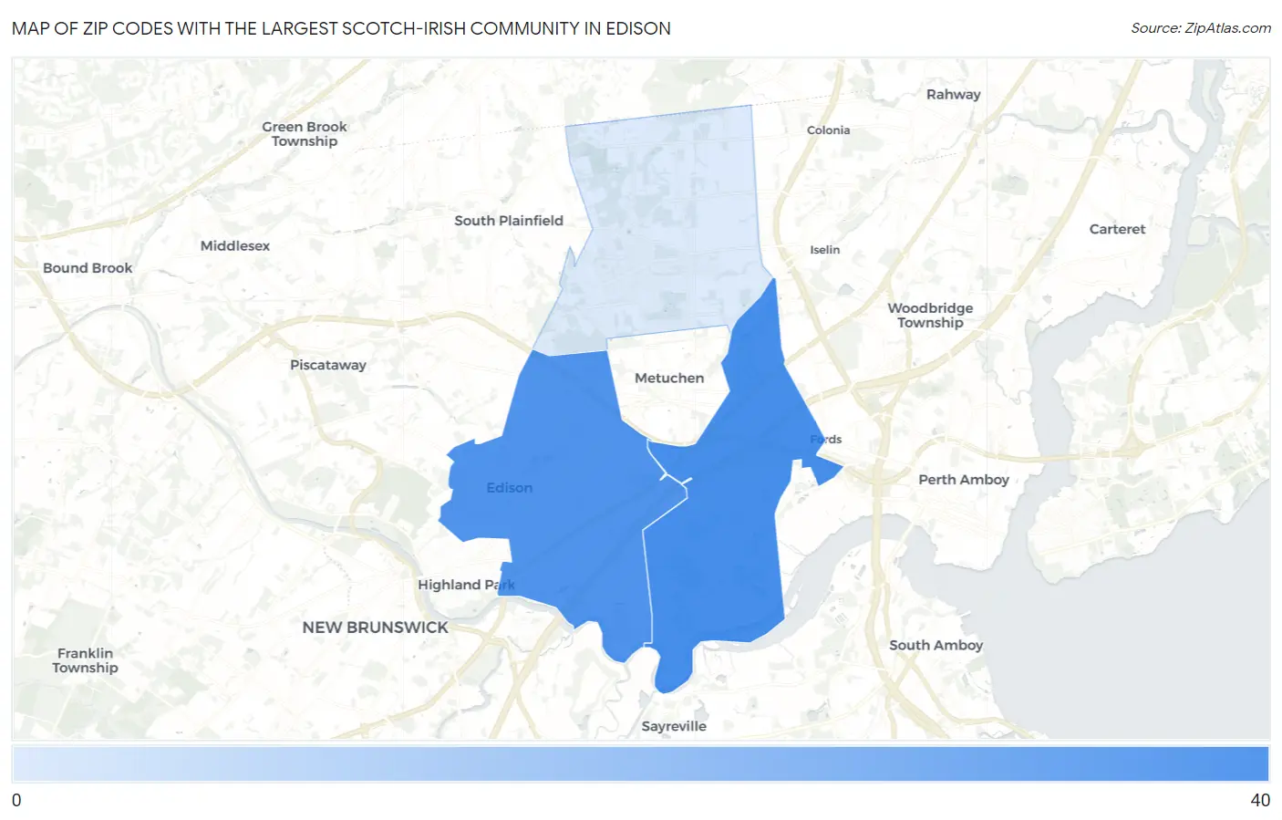 Zip Codes with the Largest Scotch-Irish Community in Edison Map