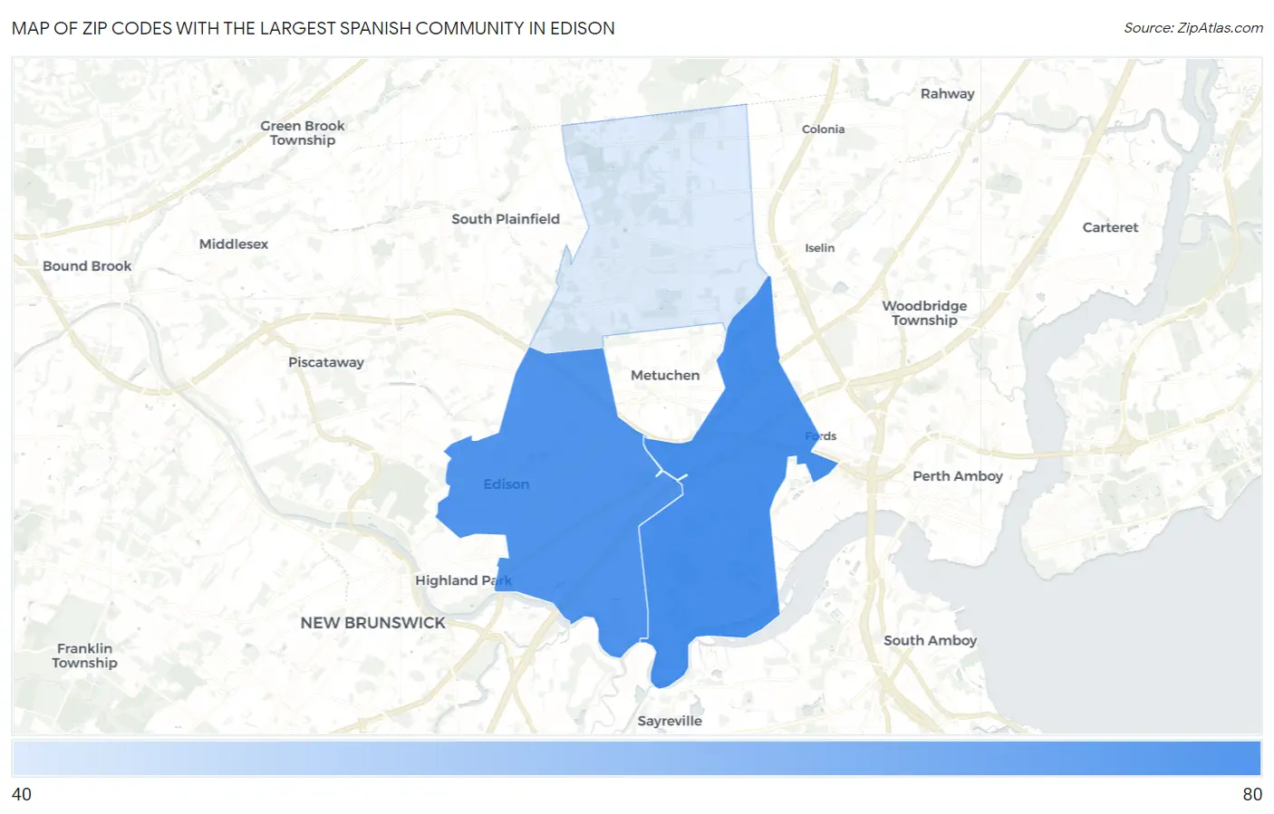 Zip Codes with the Largest Spanish Community in Edison Map