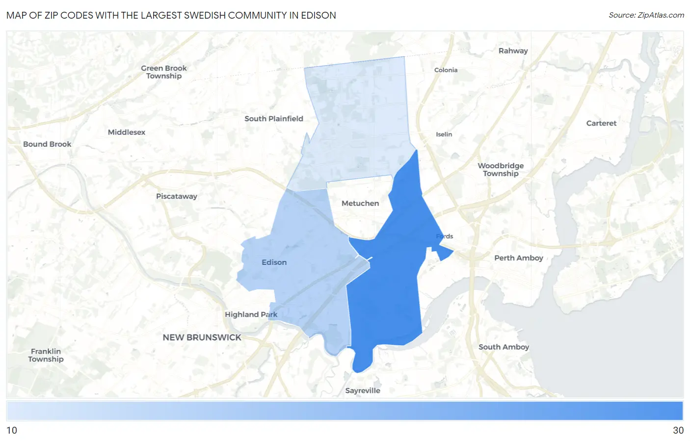 Zip Codes with the Largest Swedish Community in Edison Map