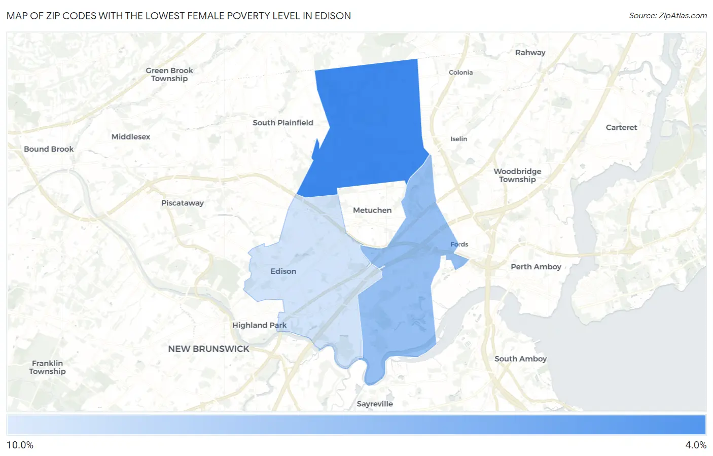 Zip Codes with the Lowest Female Poverty Level in Edison Map