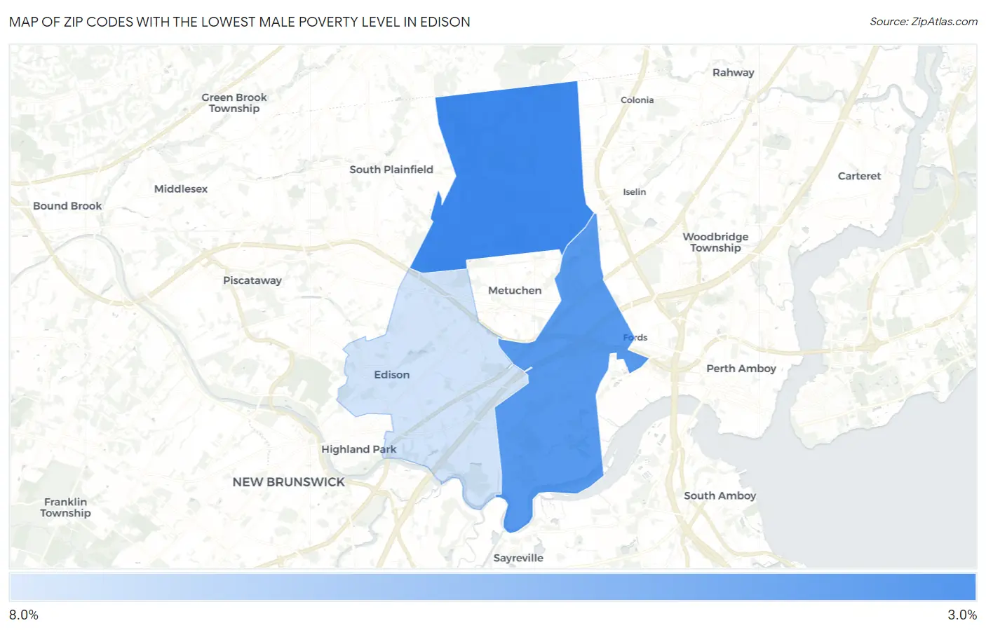 Zip Codes with the Lowest Male Poverty Level in Edison Map