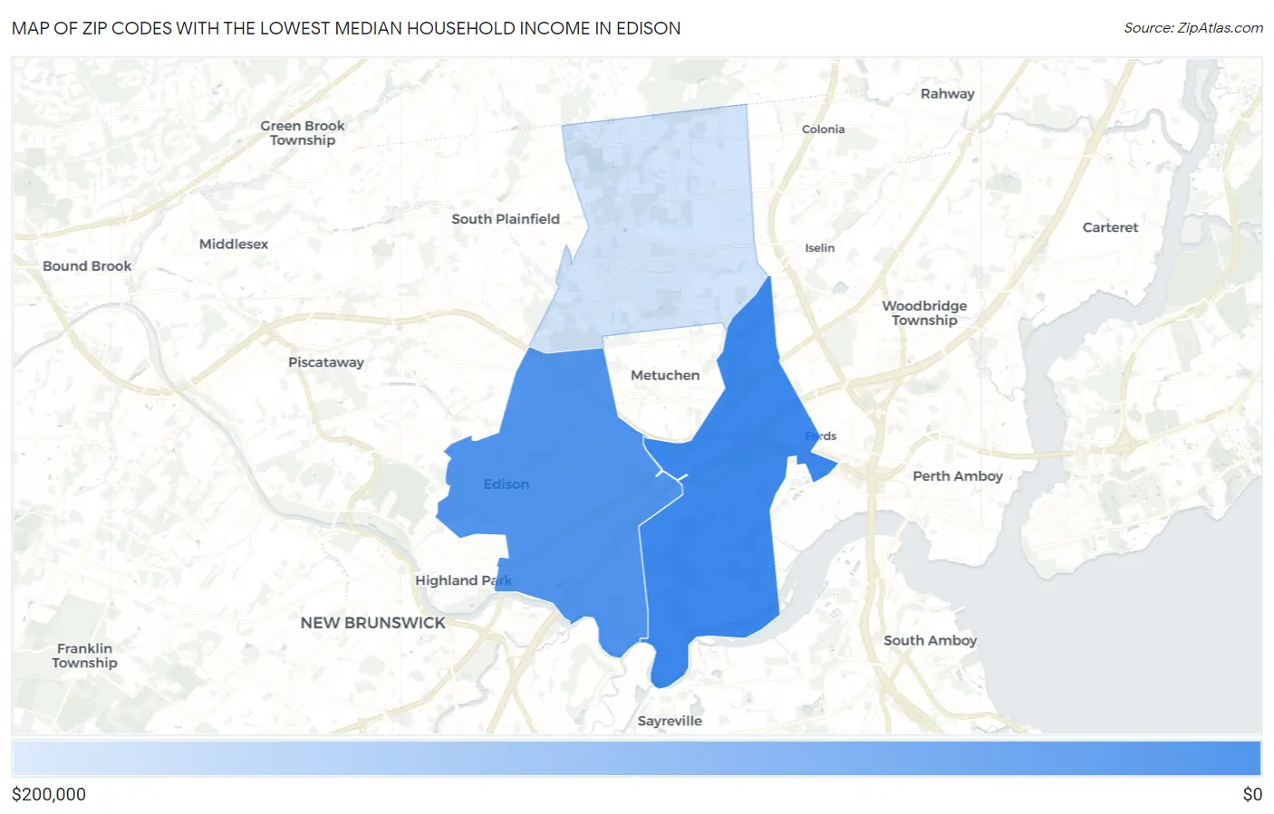 Zip Codes with the Lowest Median Household Income in Edison Map