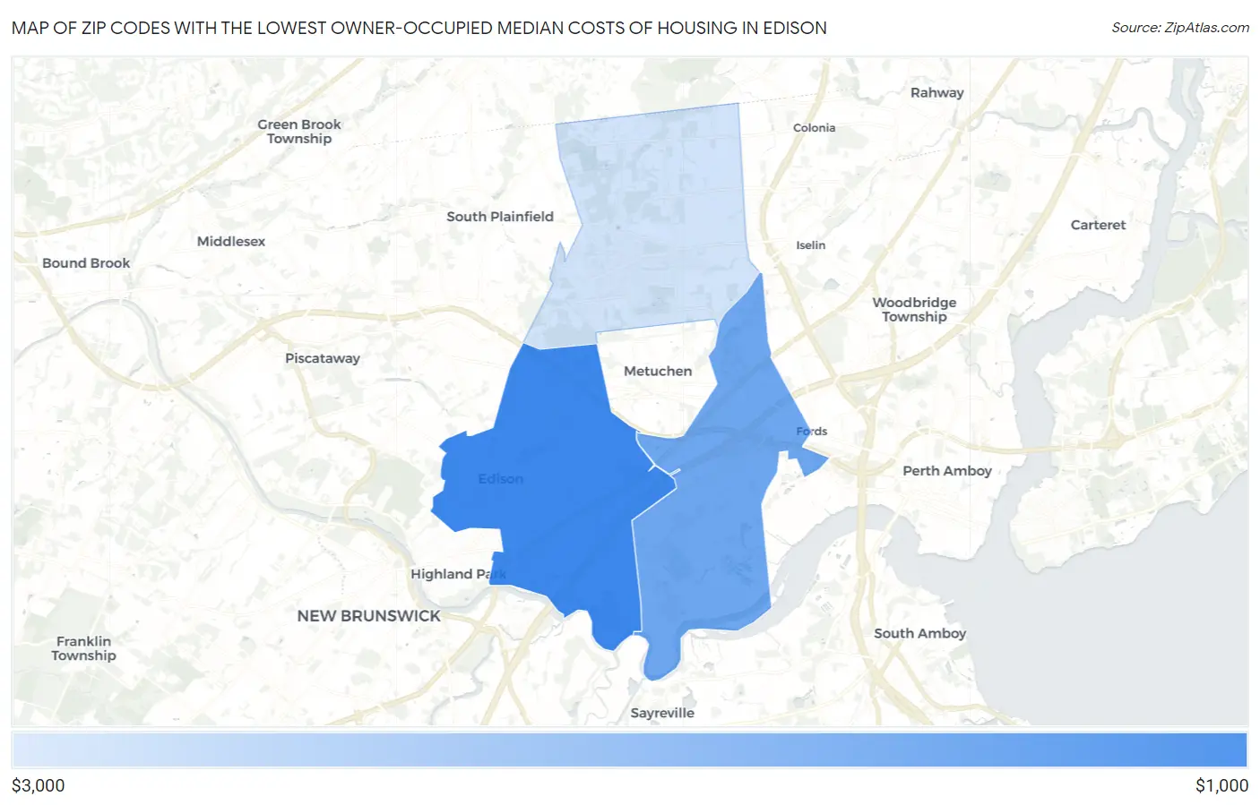 Zip Codes with the Lowest Owner-Occupied Median Costs of Housing in Edison Map
