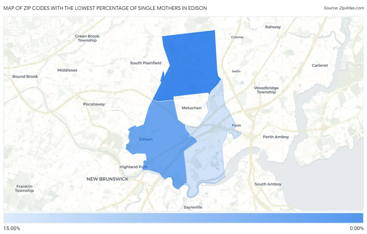 Zip Codes with the Lowest Percentage of Single Mothers in Edison Map