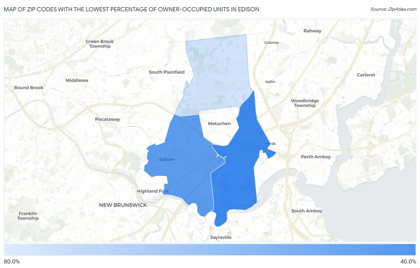 Zip Codes with the Lowest Percentage of Owner-Occupied Units in Edison Map