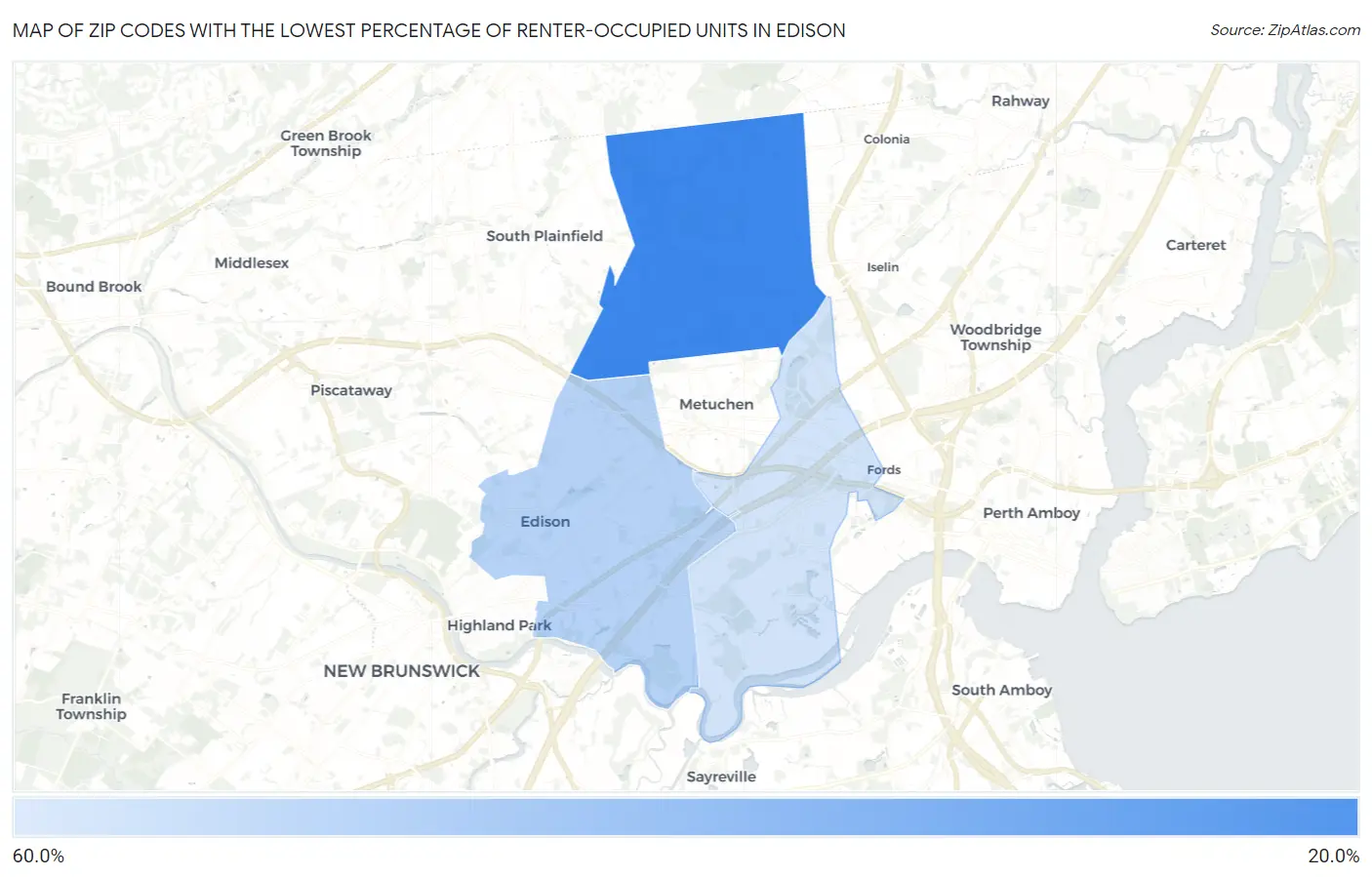 Zip Codes with the Lowest Percentage of Renter-Occupied Units in Edison Map