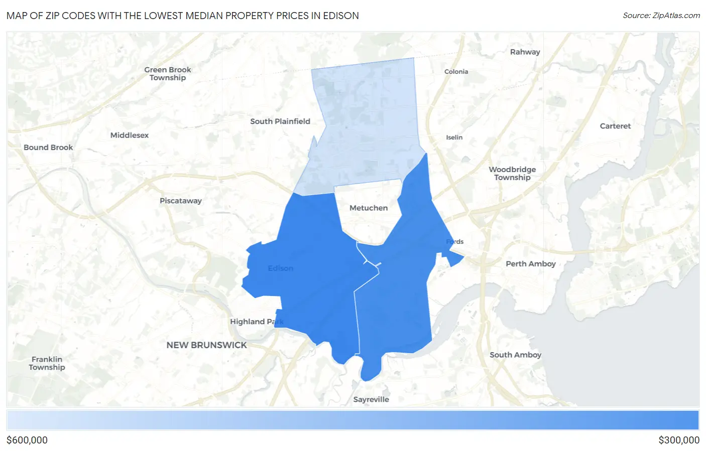 Zip Codes with the Lowest Median Property Prices in Edison Map