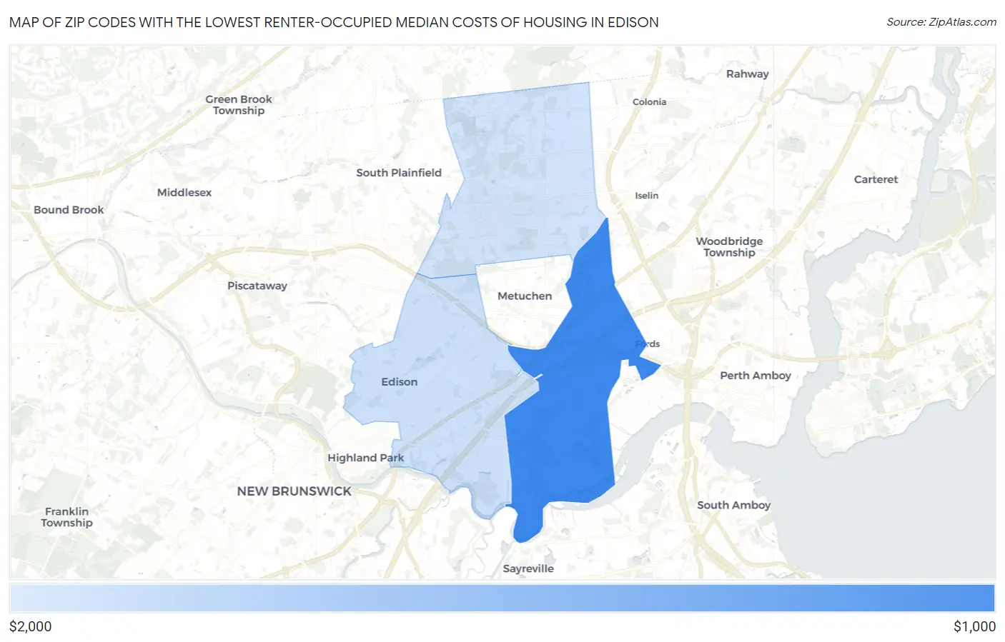 Zip Codes with the Lowest Renter-Occupied Median Costs of Housing in Edison Map