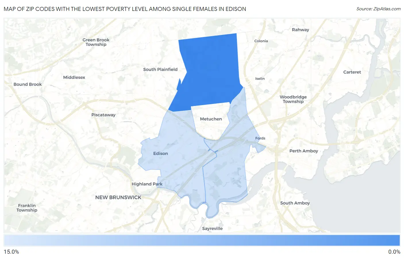 Zip Codes with the Lowest Poverty Level Among Single Females in Edison Map