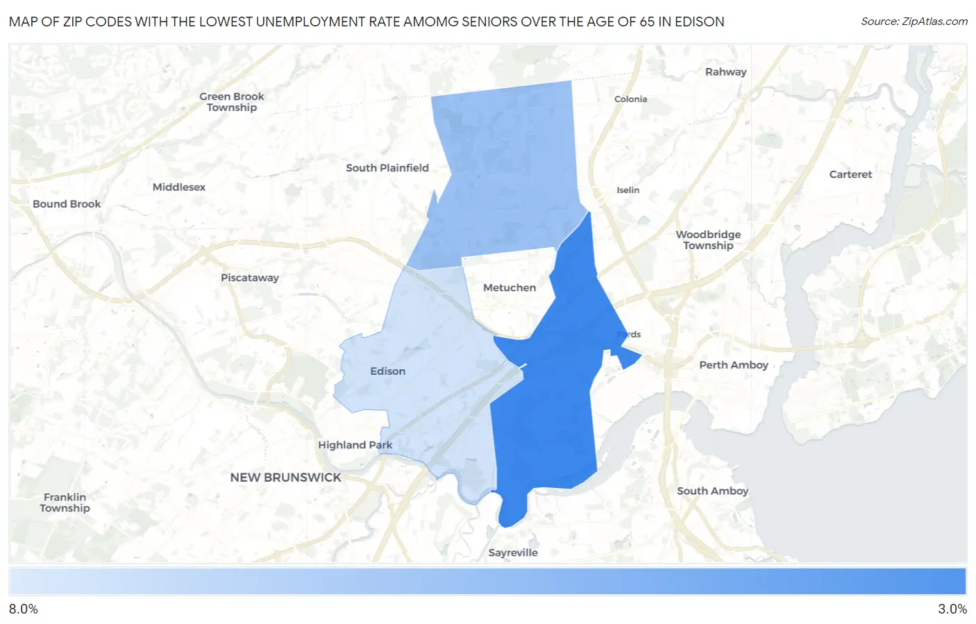 Zip Codes with the Lowest Unemployment Rate Amomg Seniors Over the Age of 65 in Edison Map