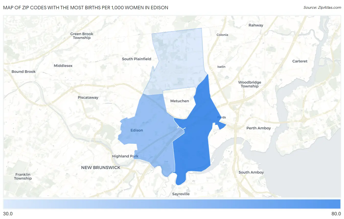 Zip Codes with the Most Births per 1,000 Women in Edison Map
