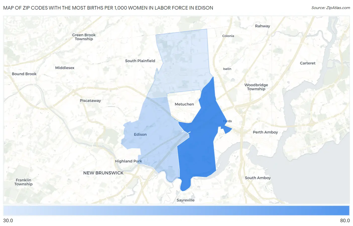 Zip Codes with the Most Births per 1,000 Women in Labor Force in Edison Map