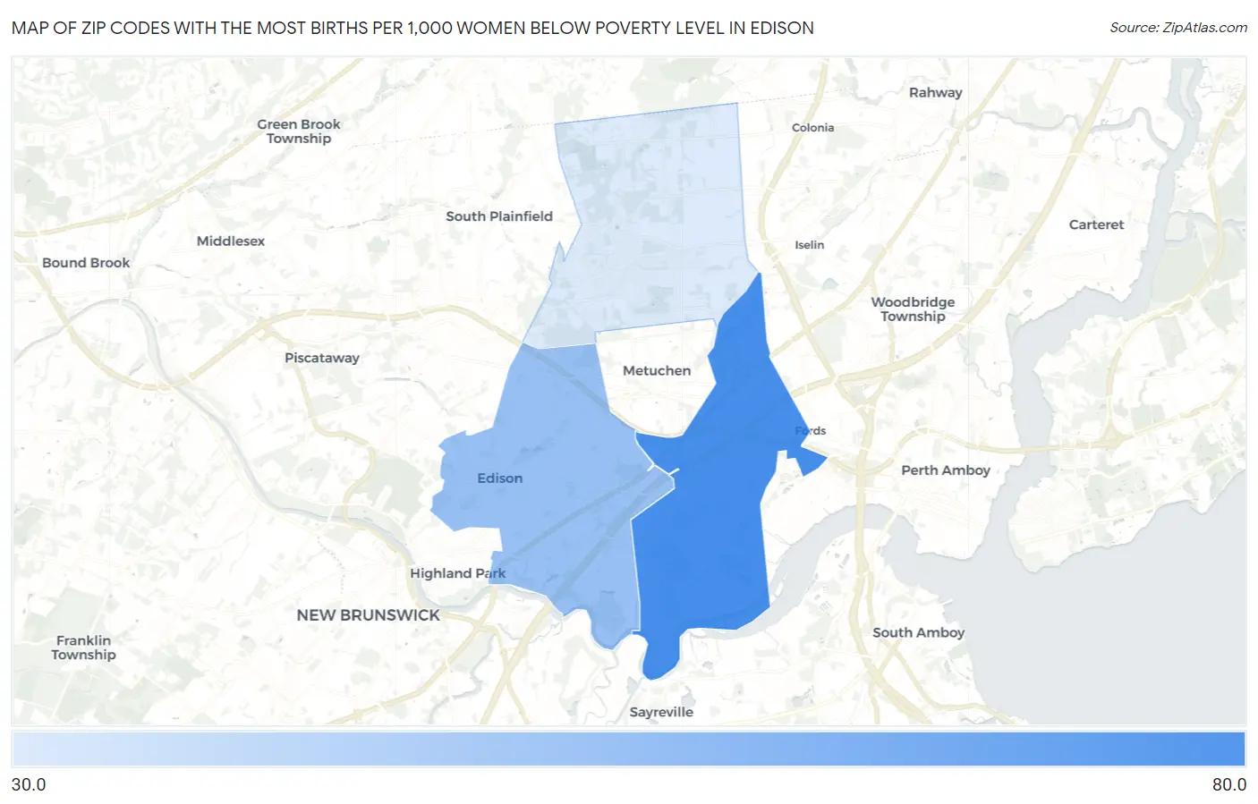 Zip Codes with the Most Births per 1,000 Women Below Poverty Level in Edison Map