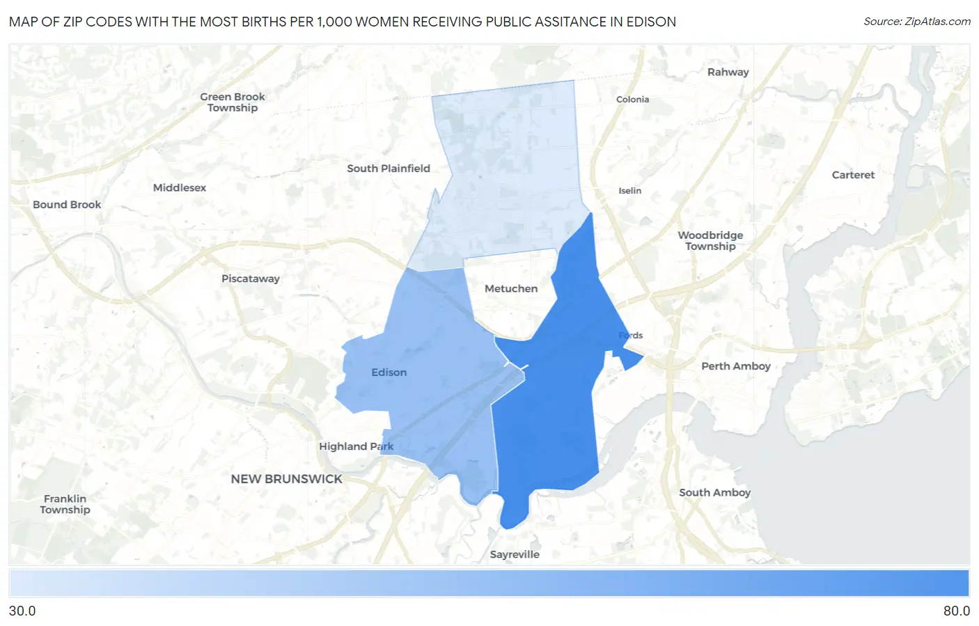 Zip Codes with the Most Births per 1,000 Women Receiving Public Assitance in Edison Map