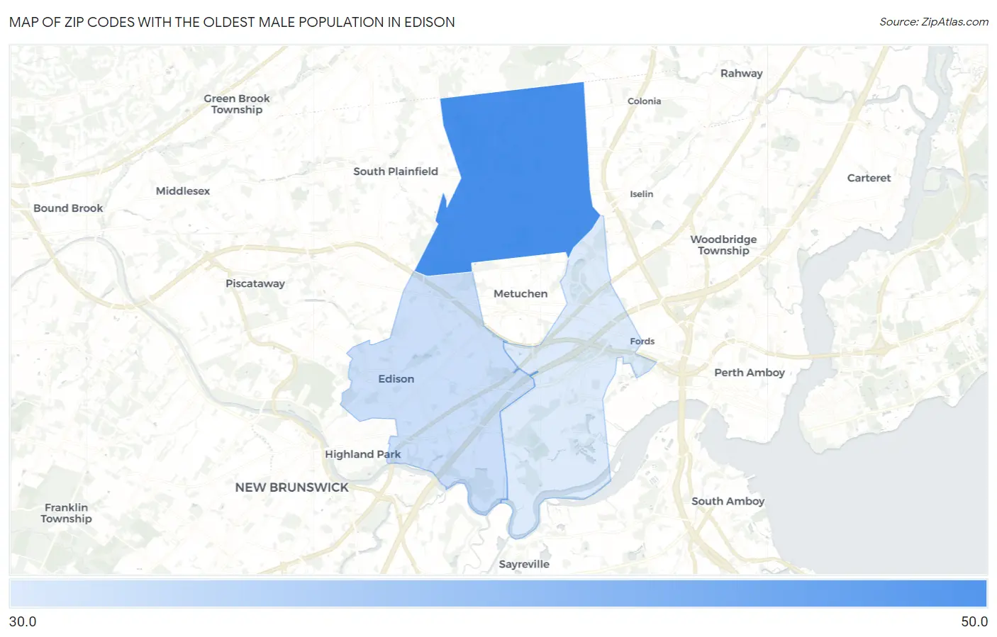 Zip Codes with the Oldest Male Population in Edison Map