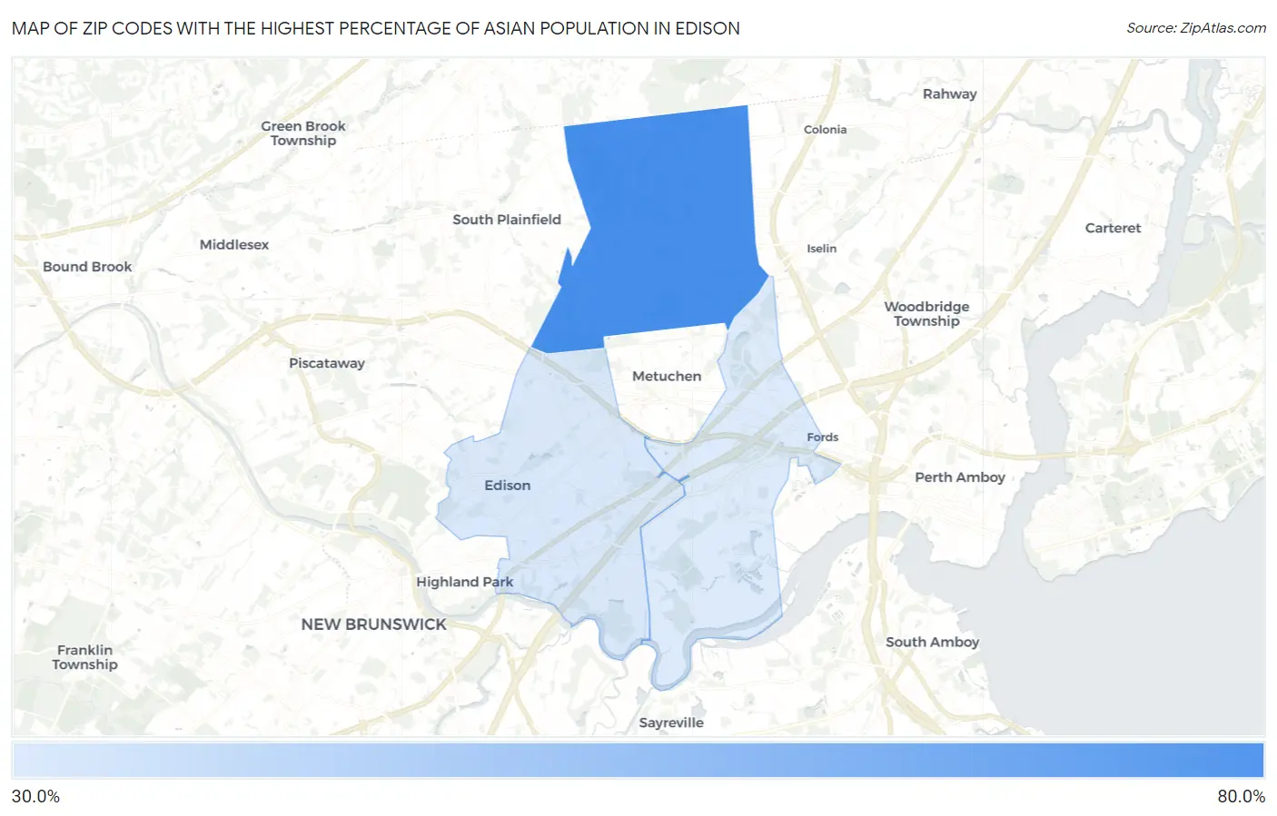 Zip Codes with the Highest Percentage of Asian Population in Edison Map