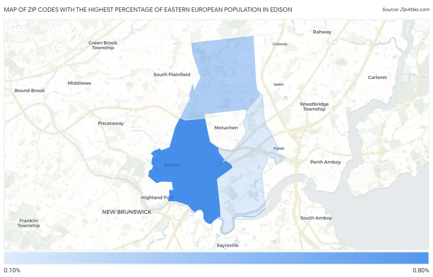 Zip Codes with the Highest Percentage of Eastern European Population in Edison Map