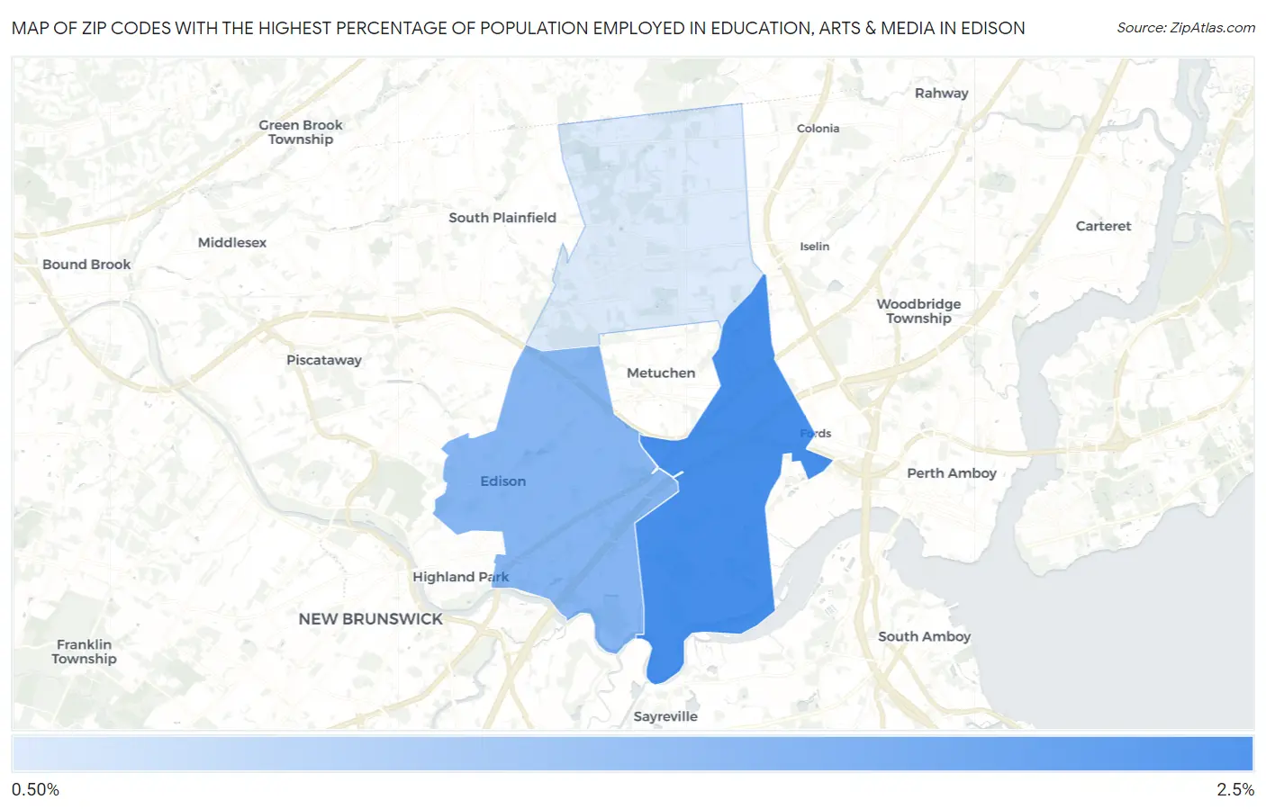 Zip Codes with the Highest Percentage of Population Employed in Education, Arts & Media in Edison Map