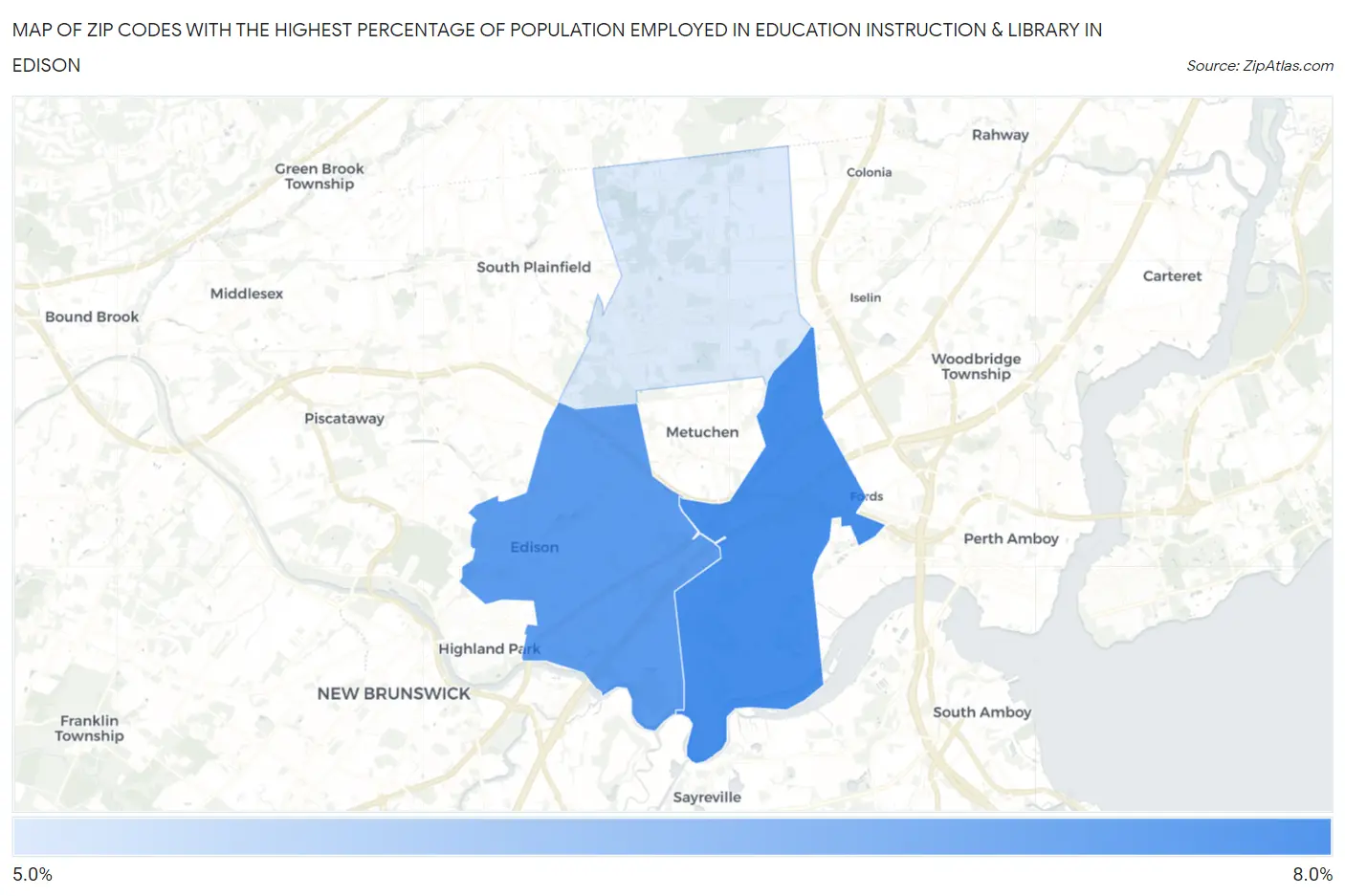 Zip Codes with the Highest Percentage of Population Employed in Education Instruction & Library in Edison Map