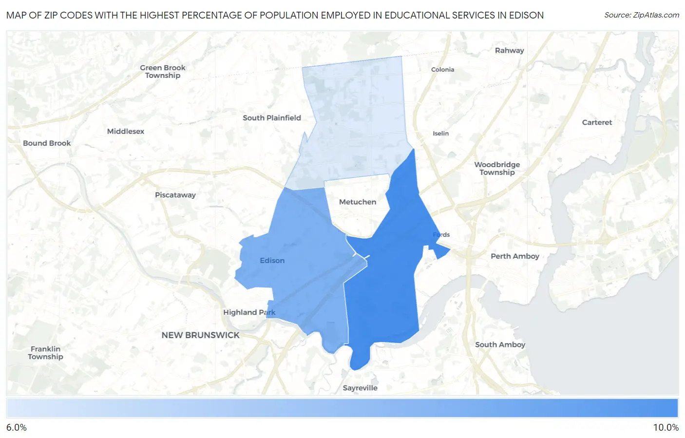 Zip Codes with the Highest Percentage of Population Employed in Educational Services in Edison Map
