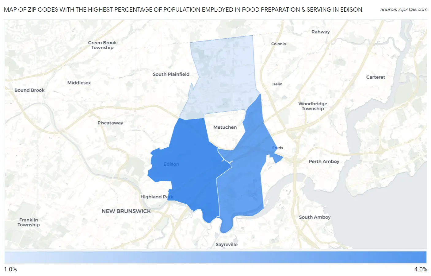 Zip Codes with the Highest Percentage of Population Employed in Food Preparation & Serving in Edison Map