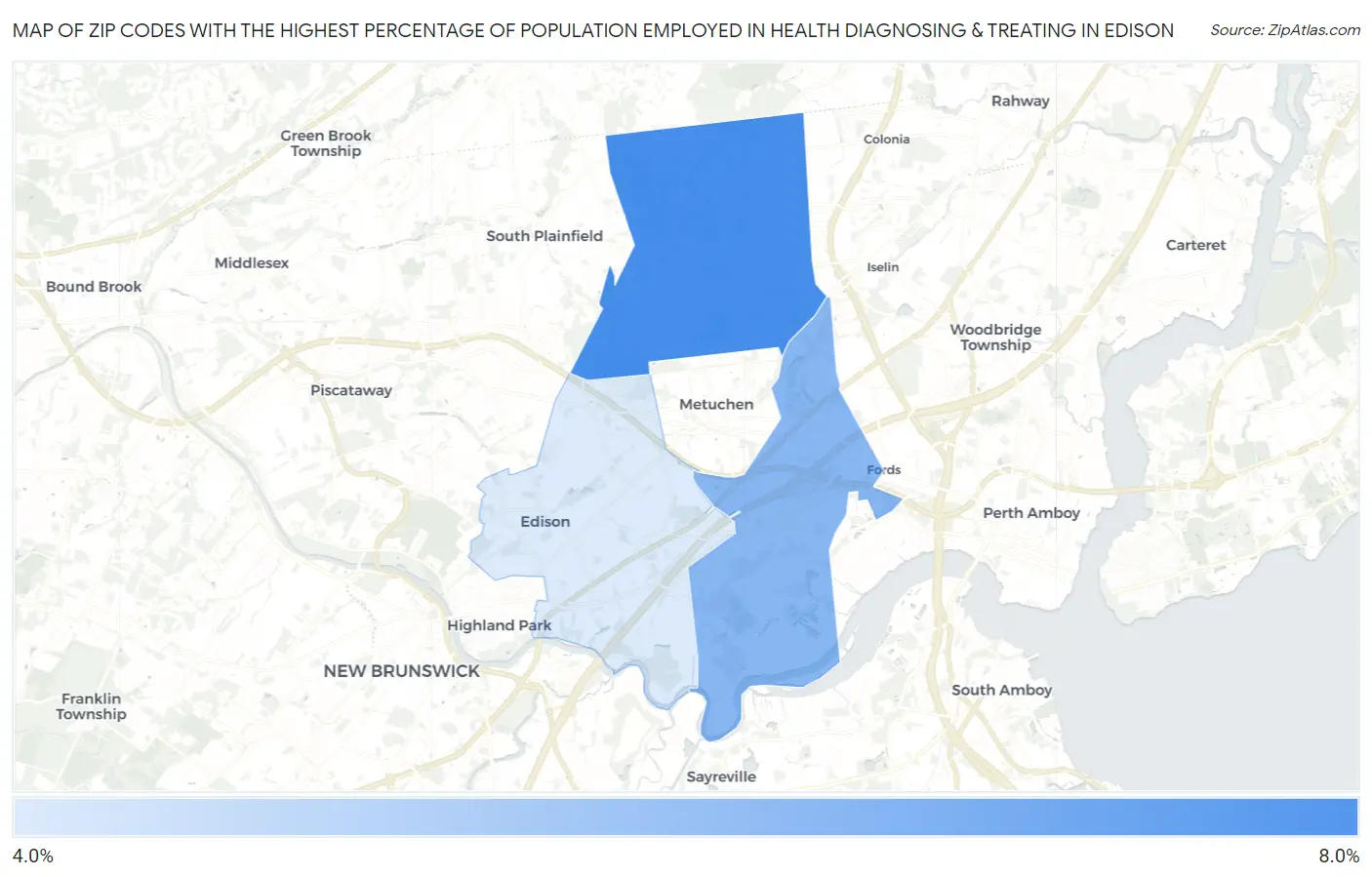 Zip Codes with the Highest Percentage of Population Employed in Health Diagnosing & Treating in Edison Map