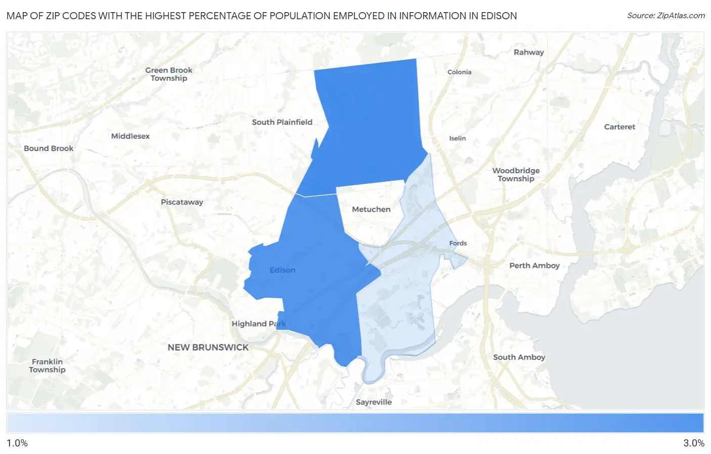 Zip Codes with the Highest Percentage of Population Employed in Information in Edison Map