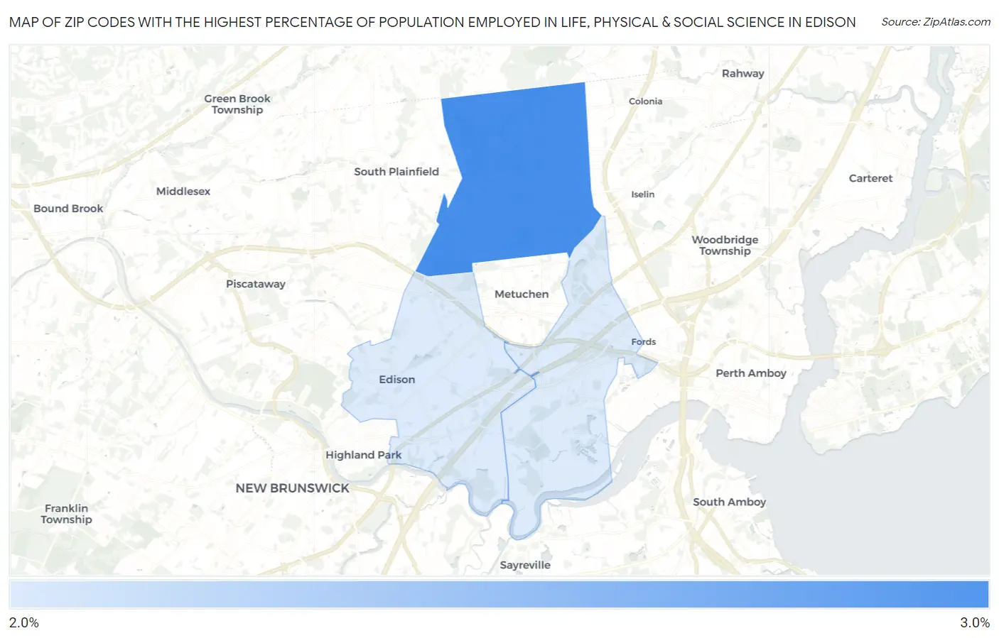 Zip Codes with the Highest Percentage of Population Employed in Life, Physical & Social Science in Edison Map