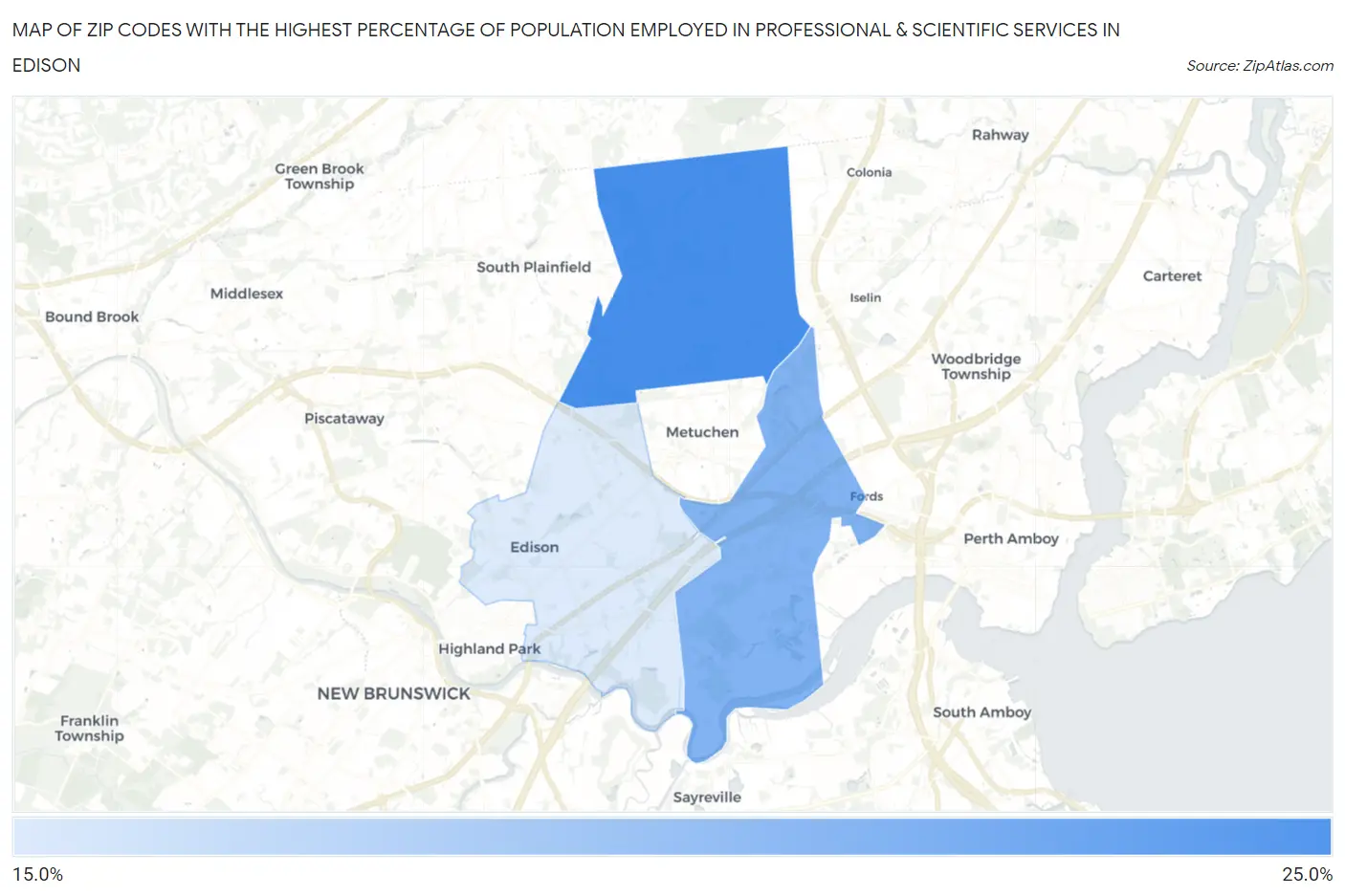 Zip Codes with the Highest Percentage of Population Employed in Professional & Scientific Services in Edison Map