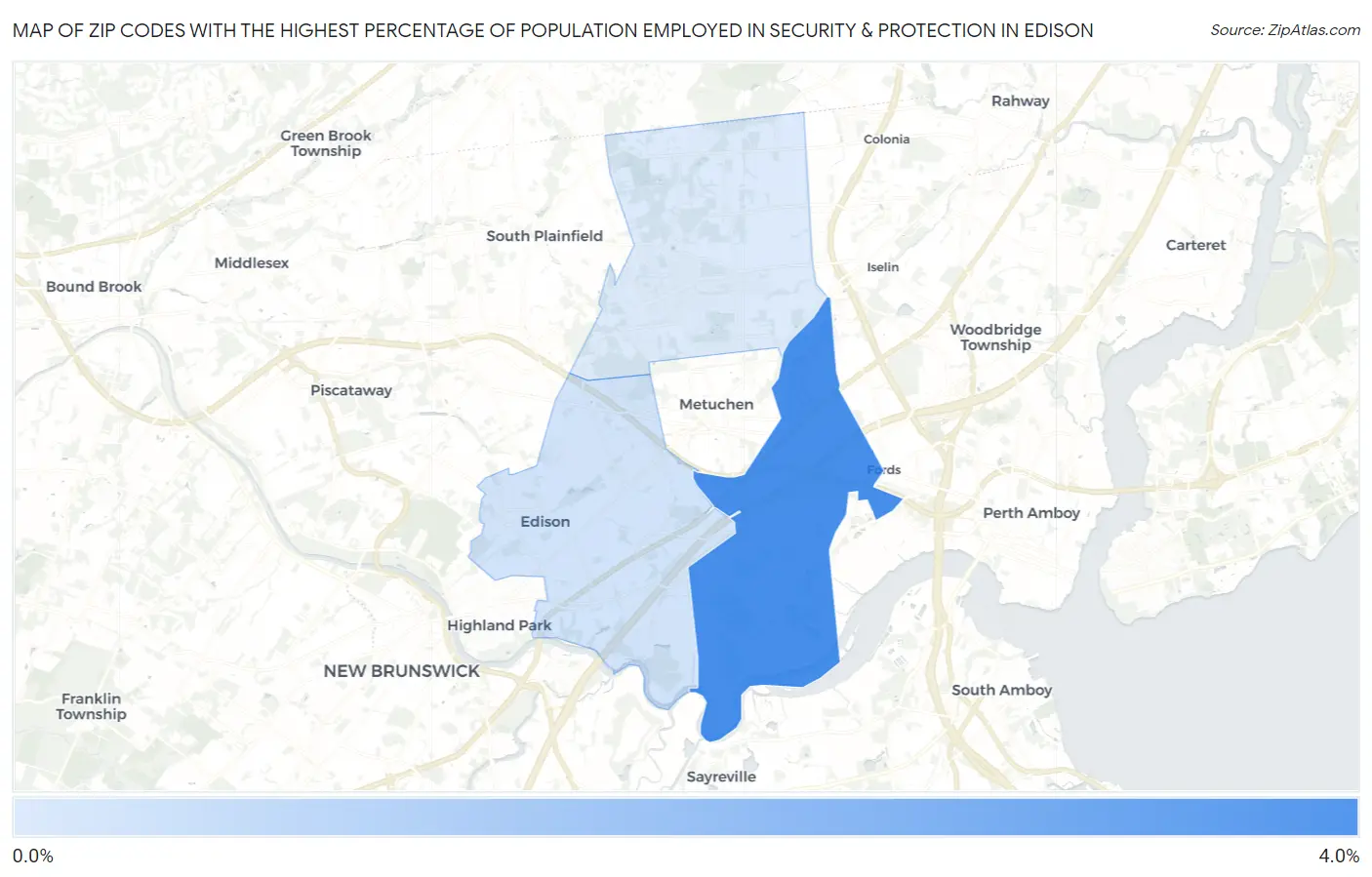 Zip Codes with the Highest Percentage of Population Employed in Security & Protection in Edison Map