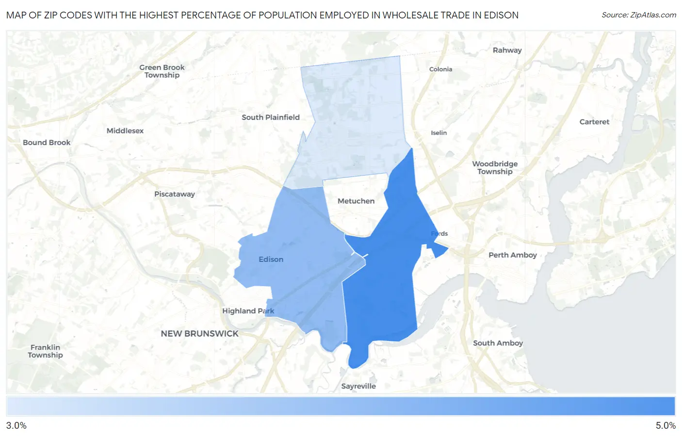 Zip Codes with the Highest Percentage of Population Employed in Wholesale Trade in Edison Map