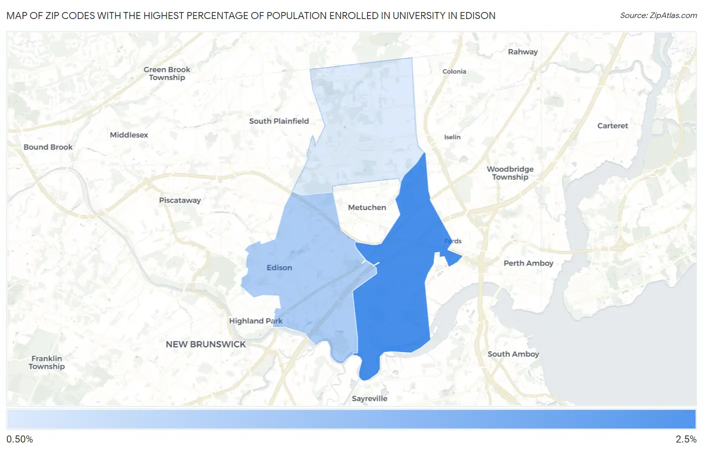 Zip Codes with the Highest Percentage of Population Enrolled in University in Edison Map