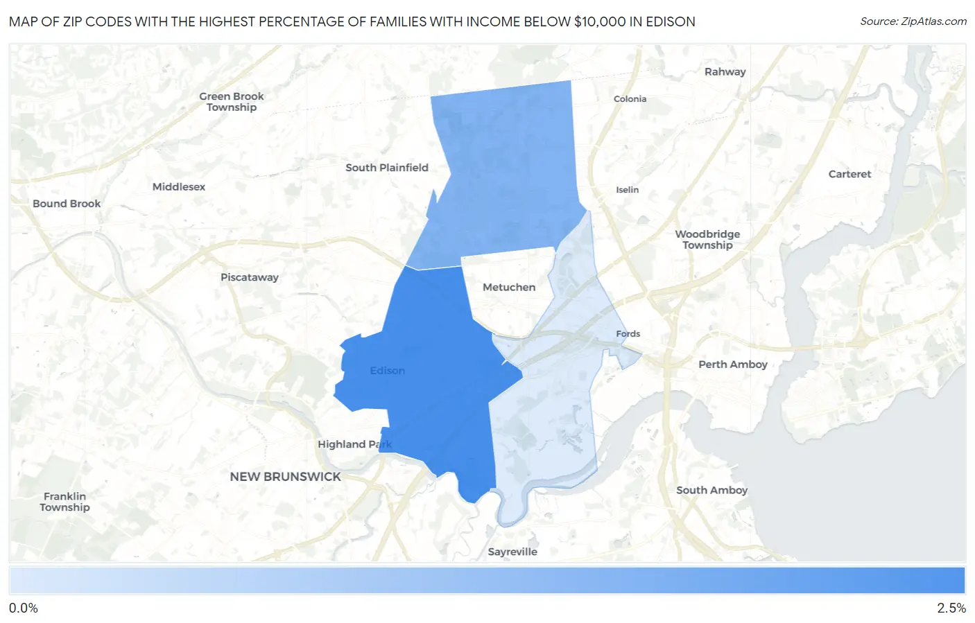 Zip Codes with the Highest Percentage of Families with Income Below $10,000 in Edison Map