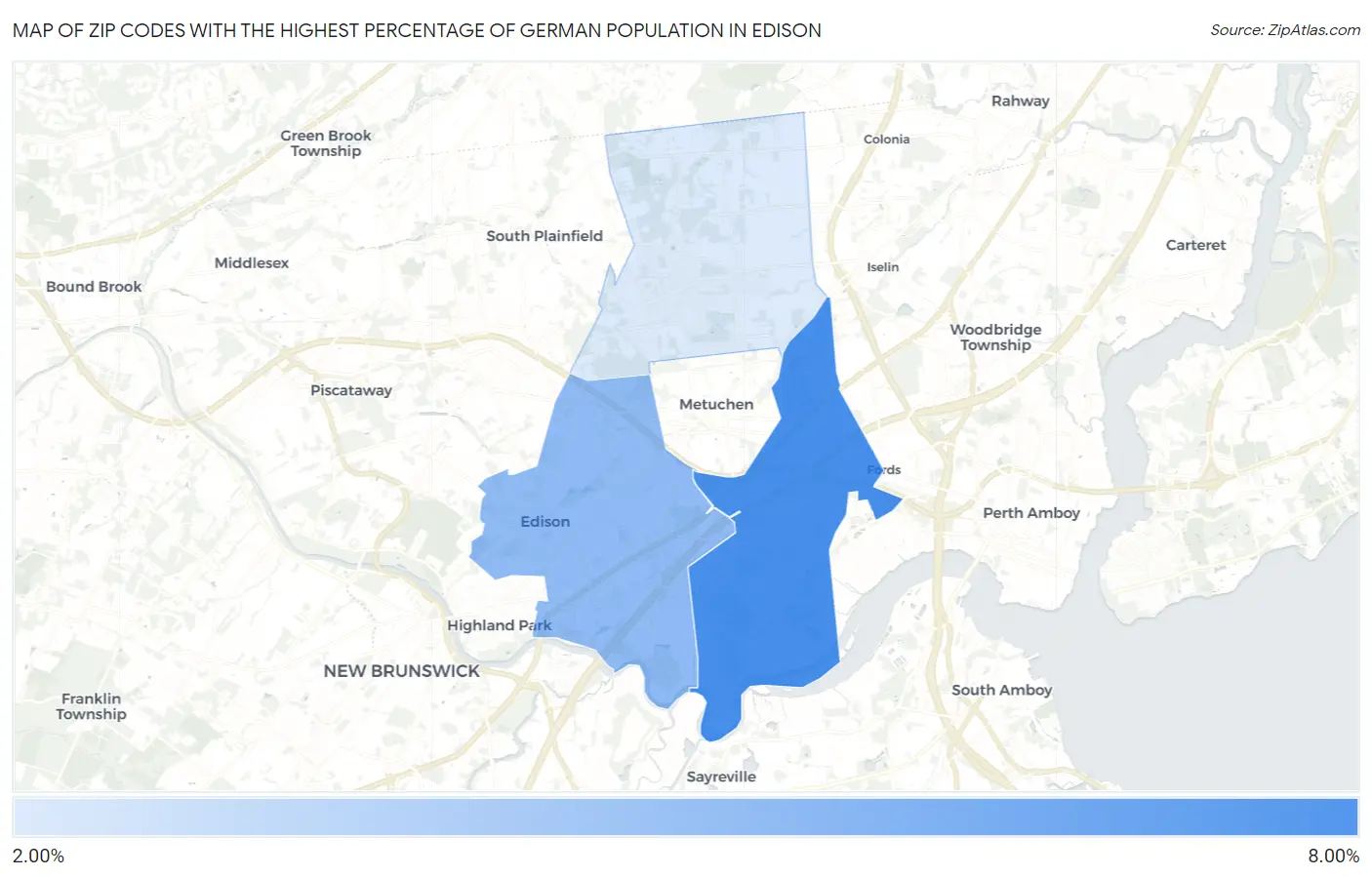 Zip Codes with the Highest Percentage of German Population in Edison Map