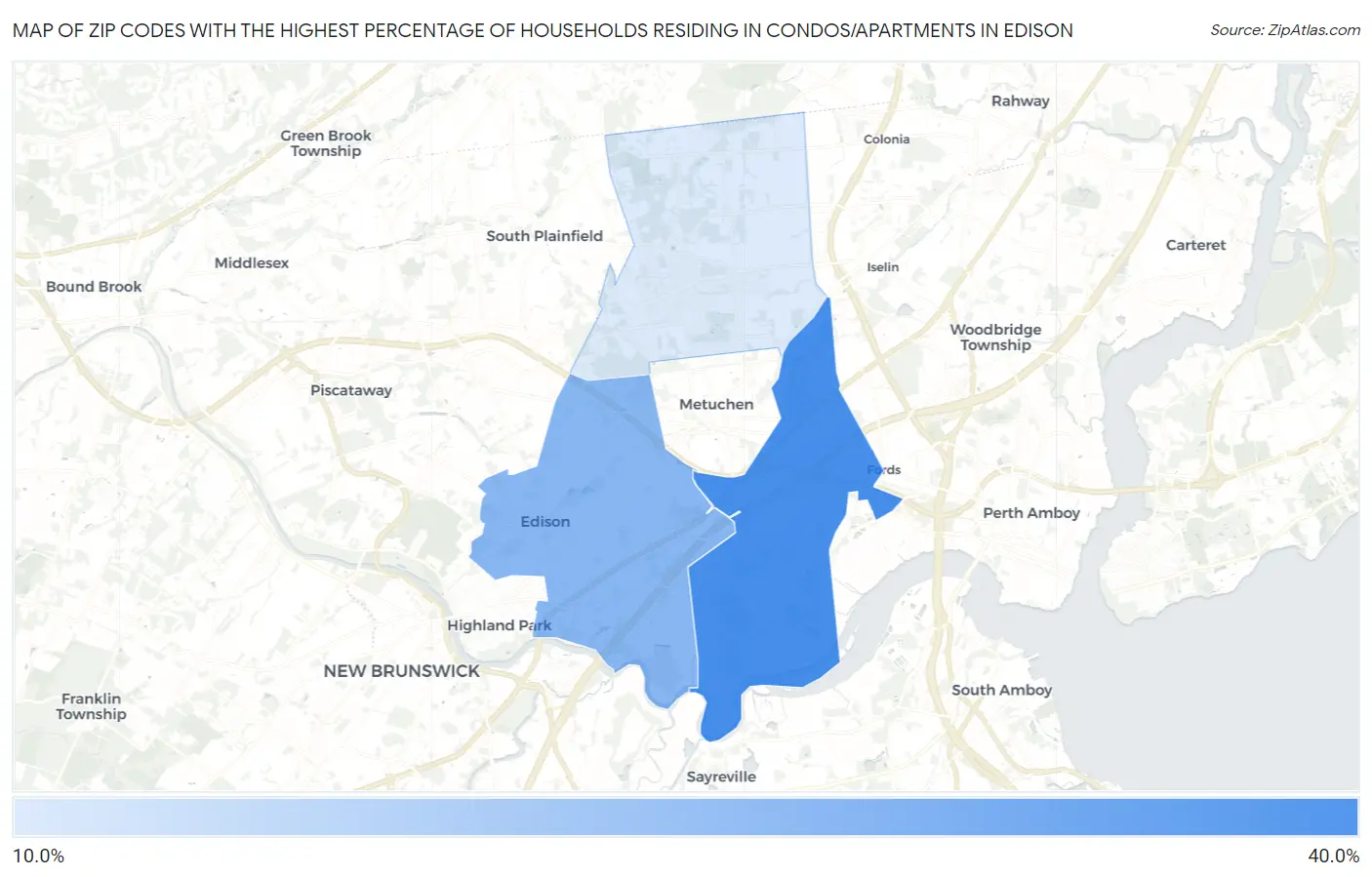 Zip Codes with the Highest Percentage of Households Residing in Condos/Apartments in Edison Map