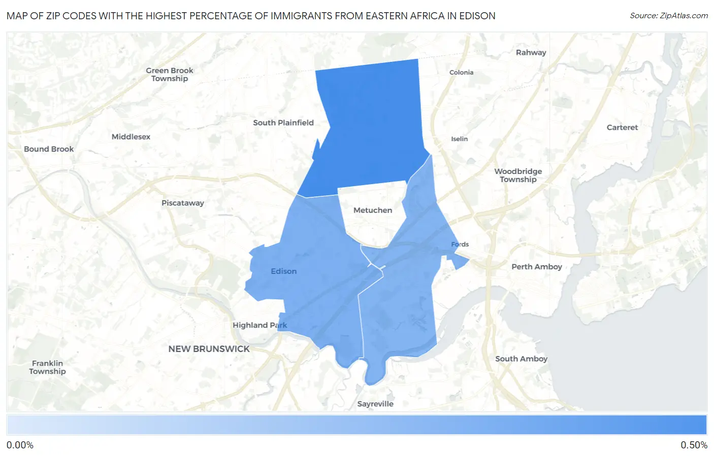 Zip Codes with the Highest Percentage of Immigrants from Eastern Africa in Edison Map