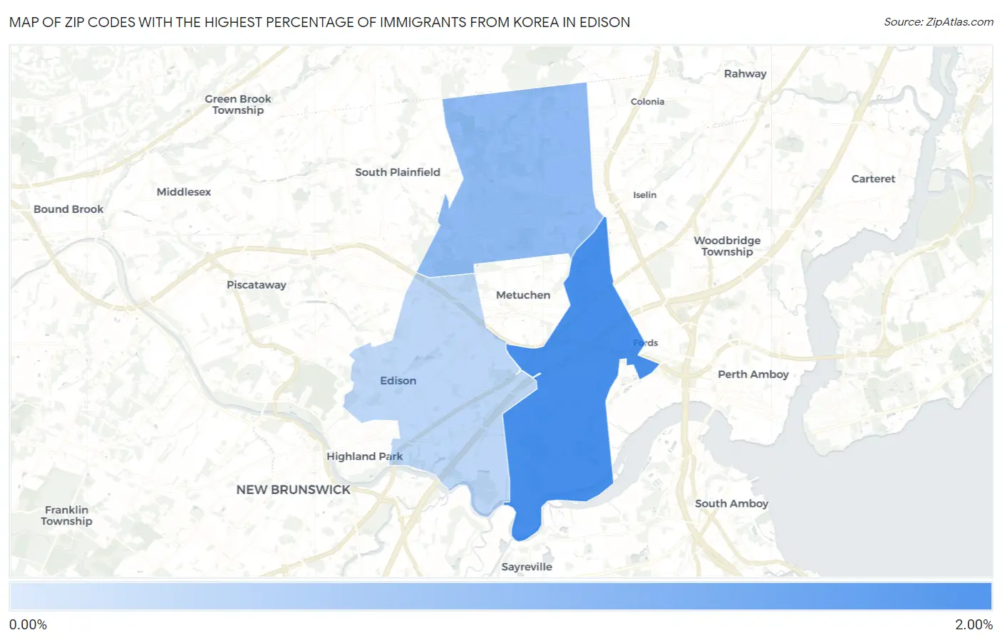 Zip Codes with the Highest Percentage of Immigrants from Korea in Edison Map