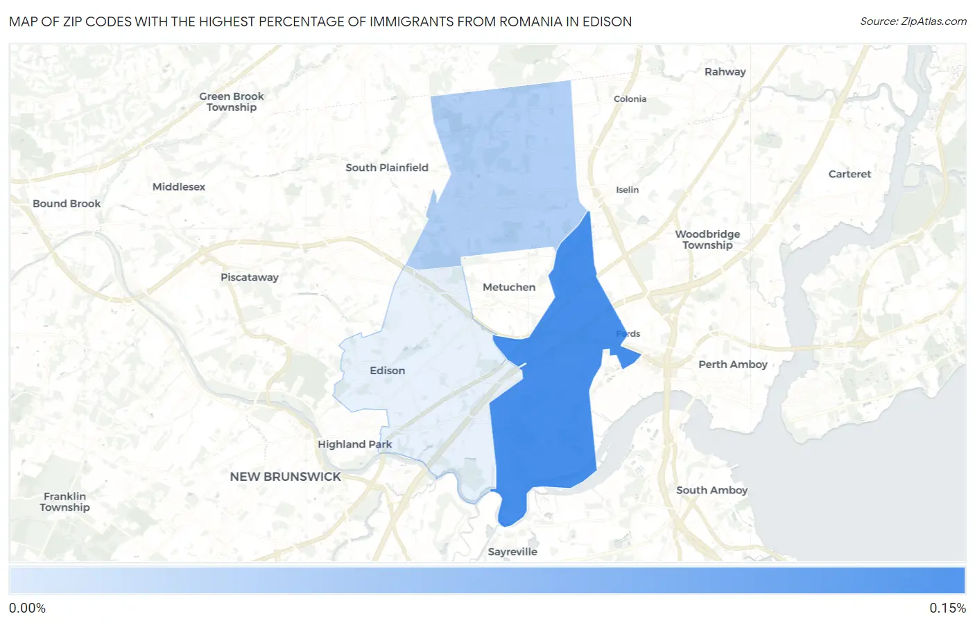Zip Codes with the Highest Percentage of Immigrants from Romania in Edison Map