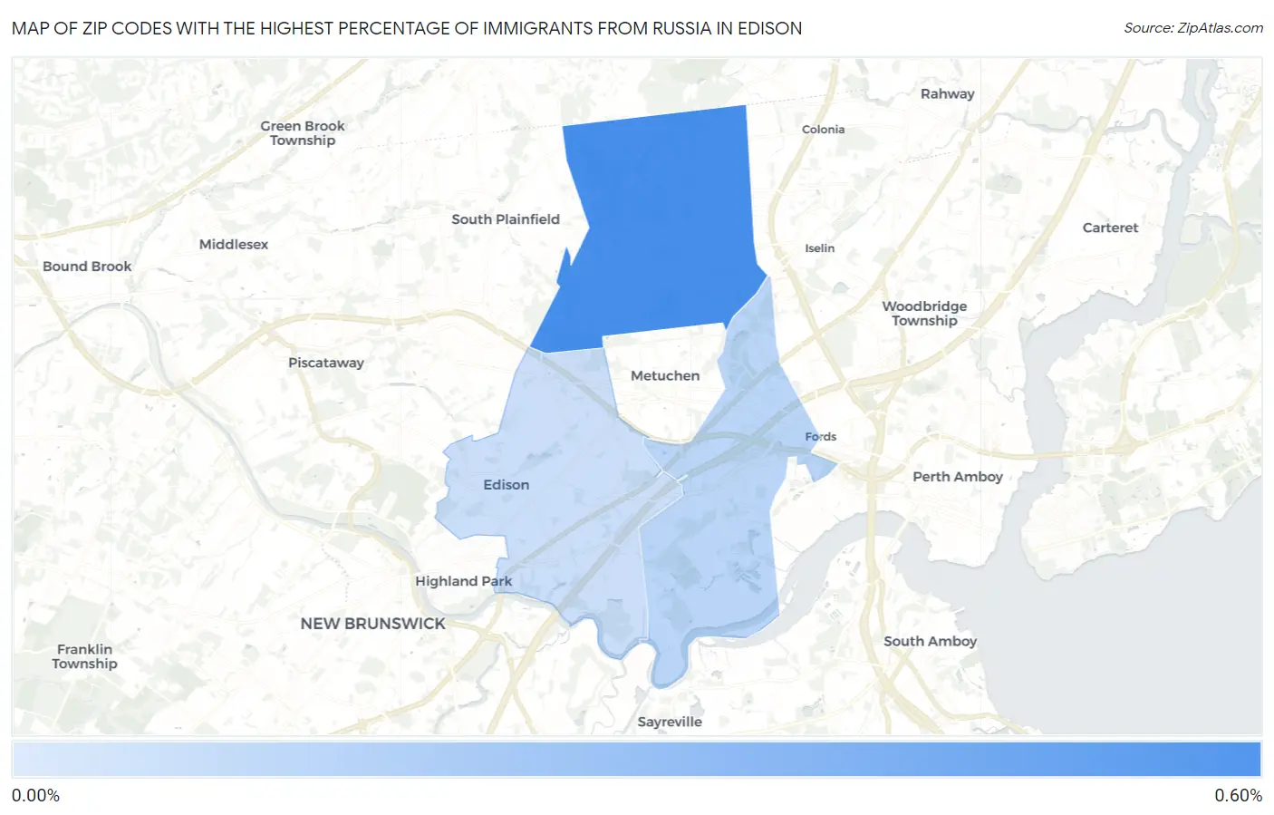 Zip Codes with the Highest Percentage of Immigrants from Russia in Edison Map