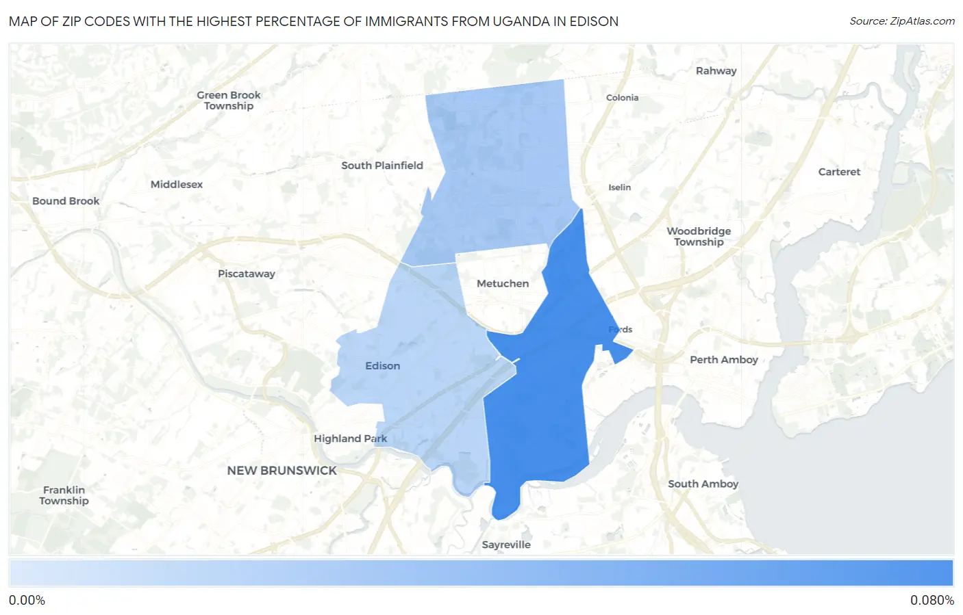 Zip Codes with the Highest Percentage of Immigrants from Uganda in Edison Map