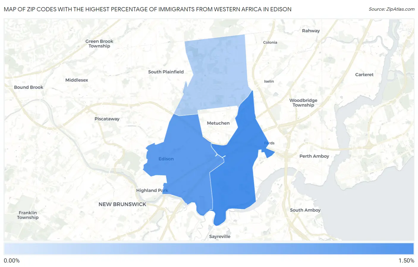 Zip Codes with the Highest Percentage of Immigrants from Western Africa in Edison Map