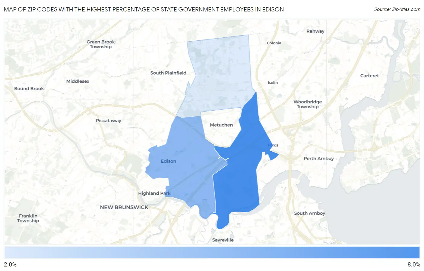 Zip Codes with the Highest Percentage of State Government Employees in Edison Map