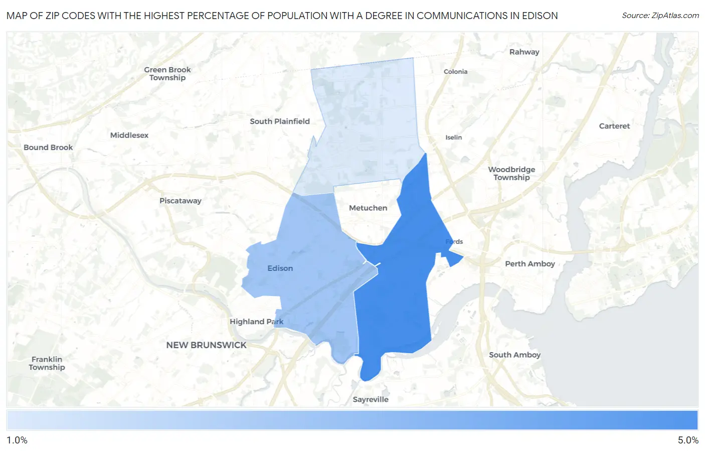 Zip Codes with the Highest Percentage of Population with a Degree in Communications in Edison Map