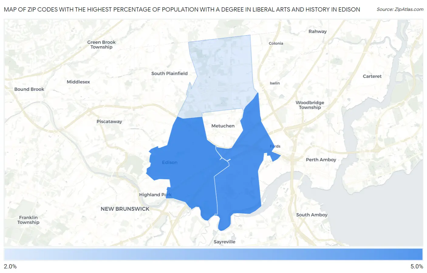 Zip Codes with the Highest Percentage of Population with a Degree in Liberal Arts and History in Edison Map