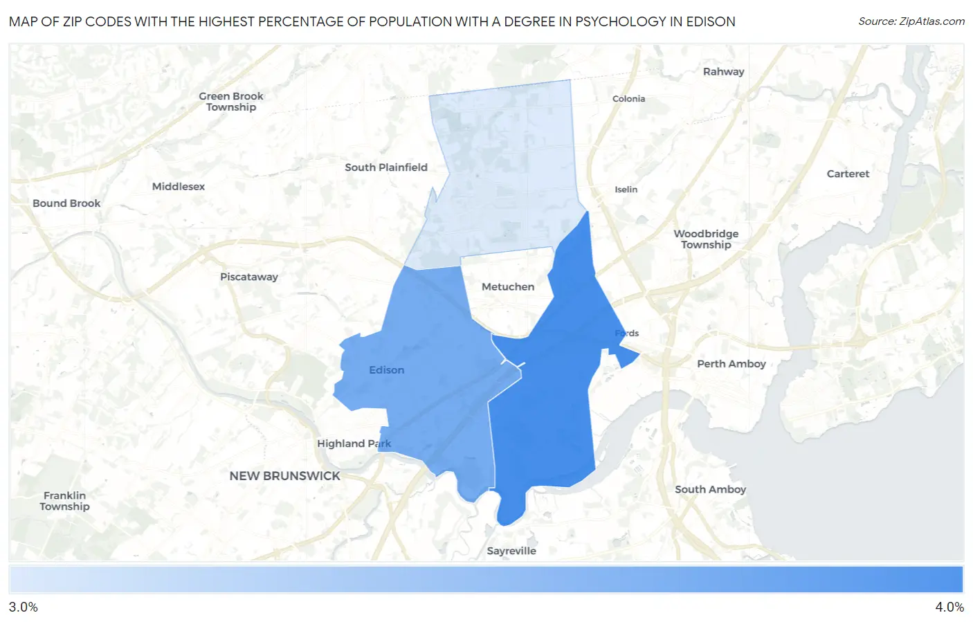 Zip Codes with the Highest Percentage of Population with a Degree in Psychology in Edison Map