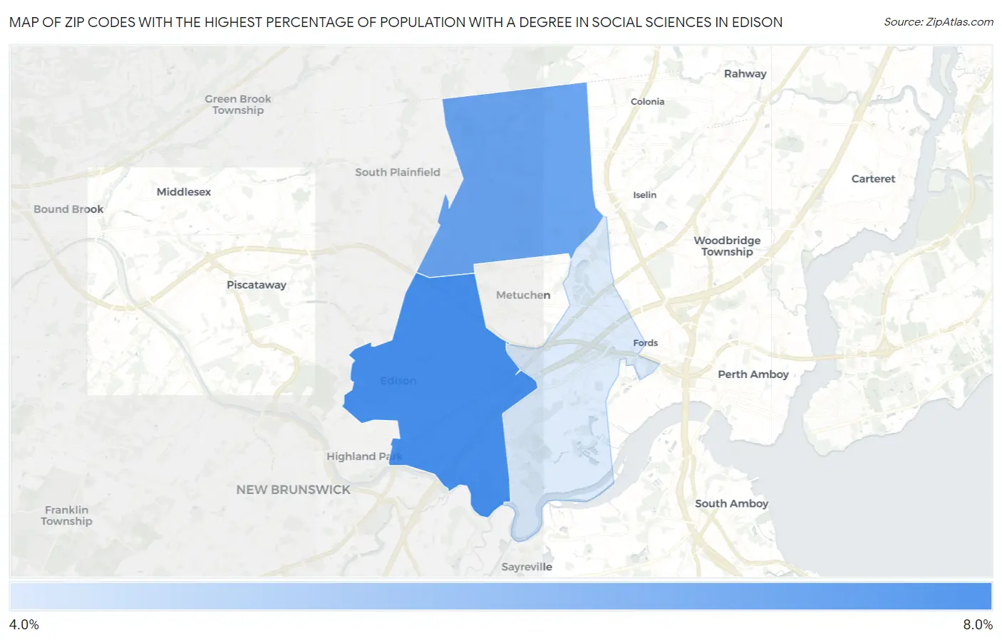 Zip Codes with the Highest Percentage of Population with a Degree in Social Sciences in Edison Map