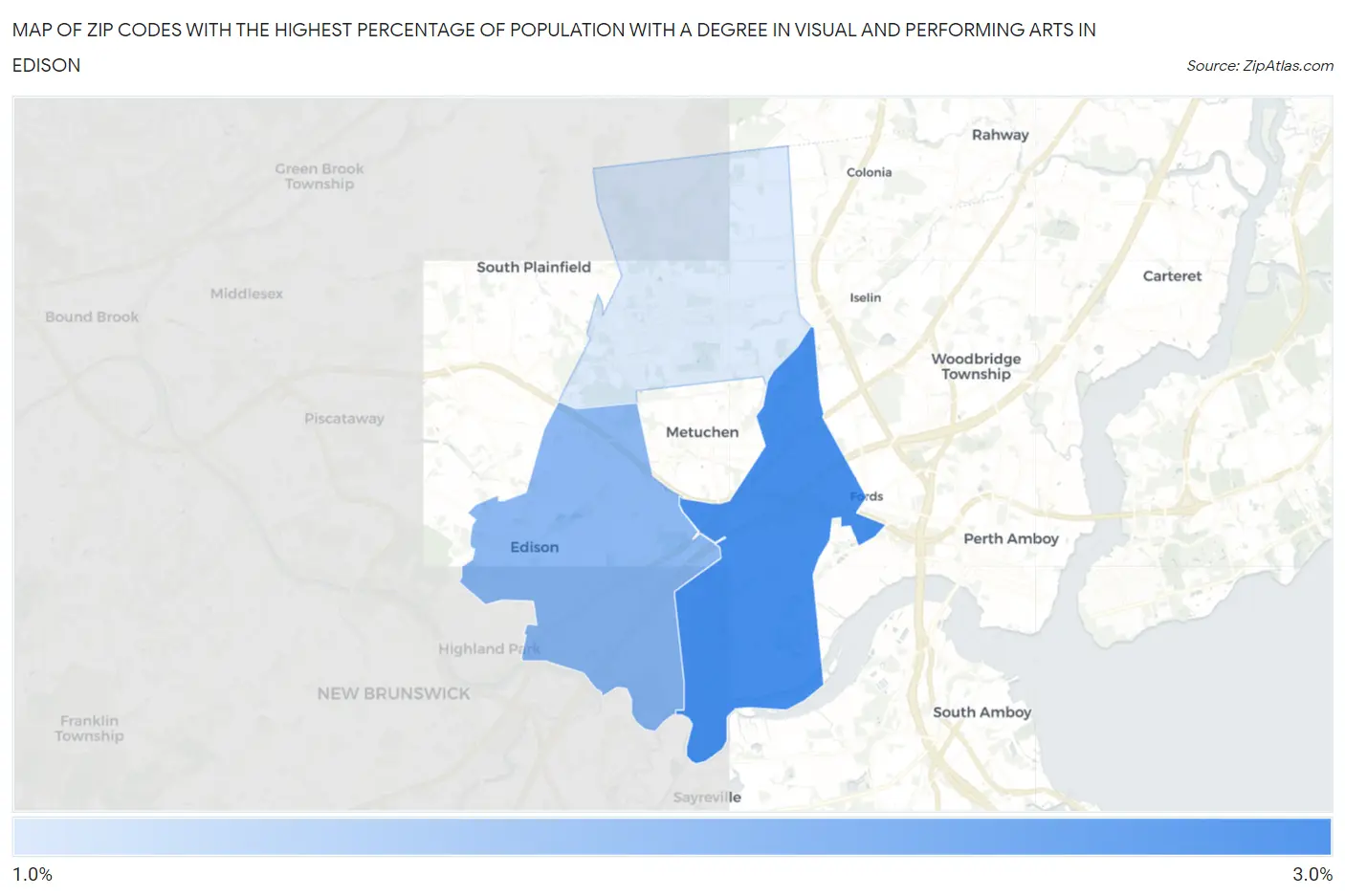 Zip Codes with the Highest Percentage of Population with a Degree in Visual and Performing Arts in Edison Map