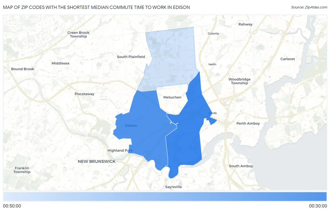 Zip Codes with the Shortest Median Commute Time to Work in Edison Map